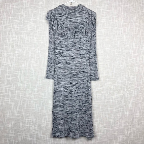 Anthropologie Ruffled Ribbed Marled Gray Knit Midi Sweater Dress Eri + Ali - Picture 2 of 6